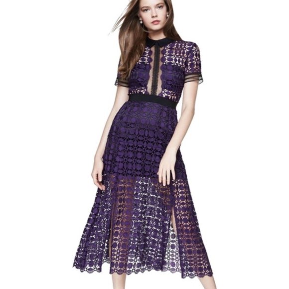 SELF-PORTRAIT Purple Guipure-lace Midi Dress - Picture 1 of 8